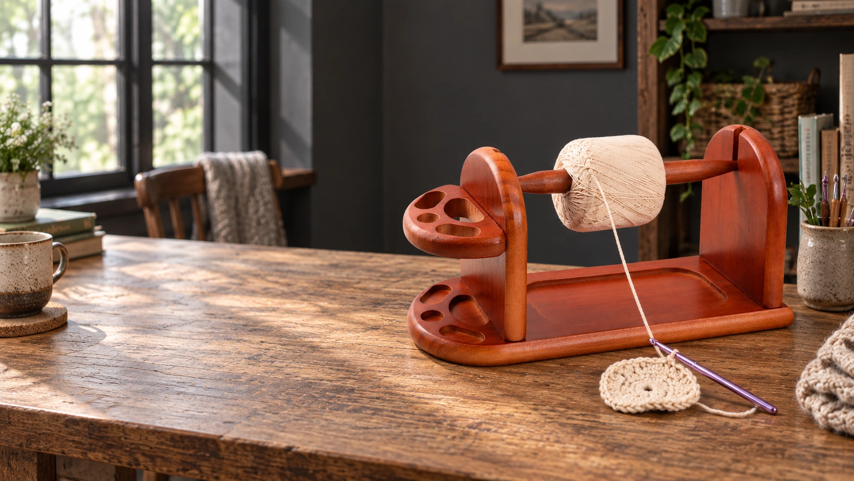 Brown wooden yarn station; yarn and crochet work are styling props