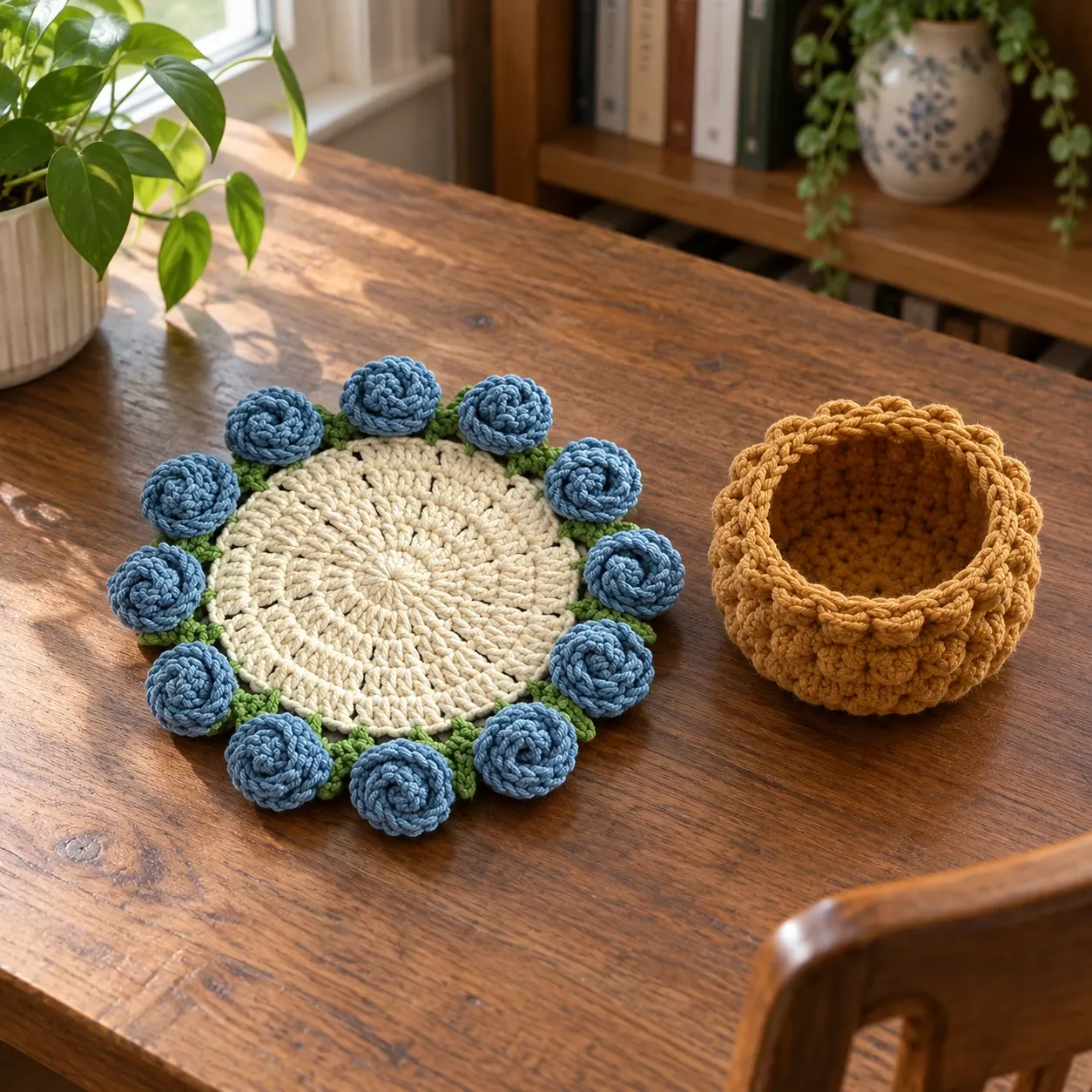 Rosa Crochet Flower Coaster · Ivory / Blue