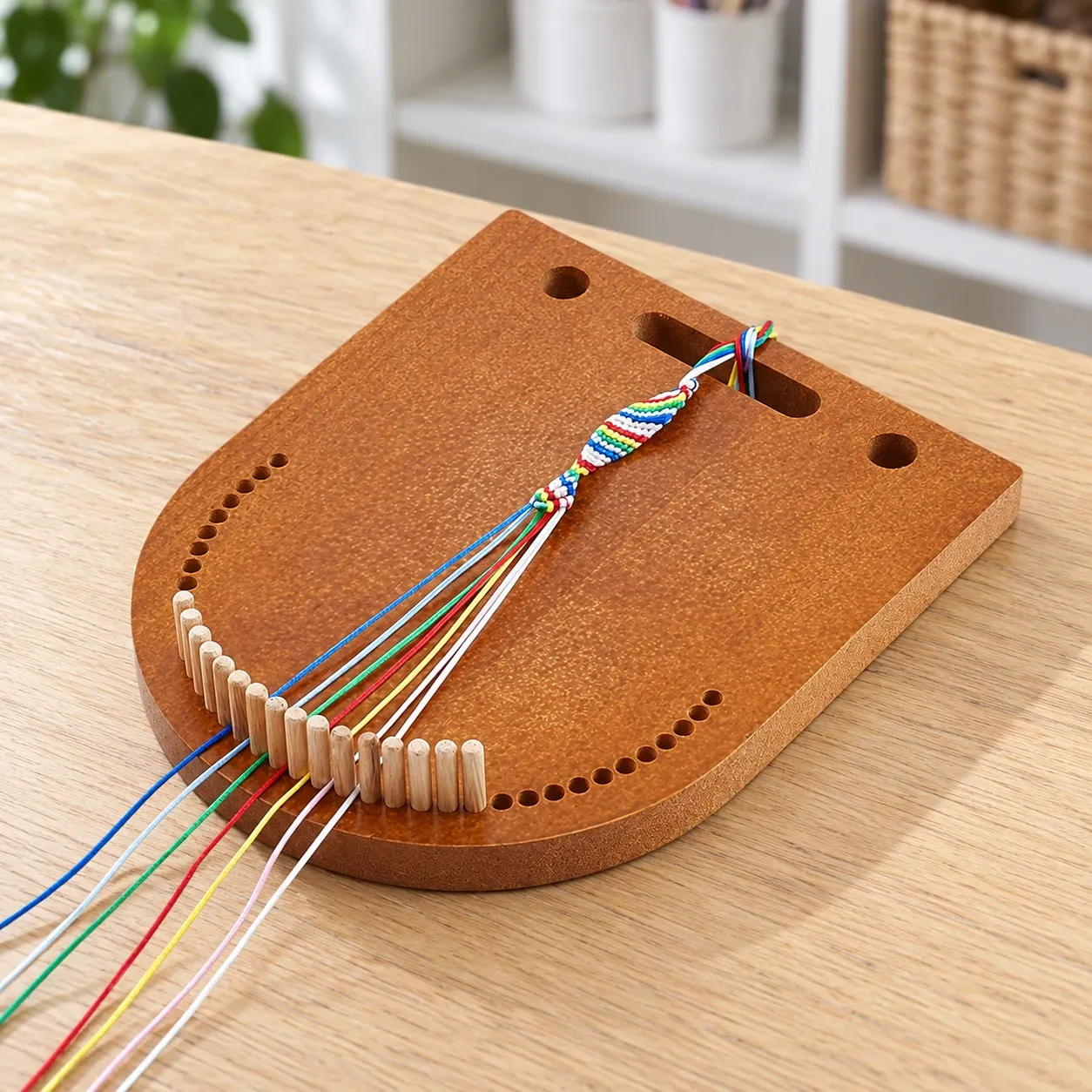Wooden Braiding Board lead view; thread and braided project shown for demonstration, not included