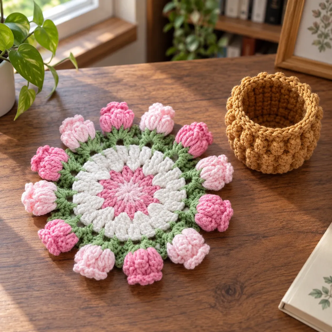 Lila Crochet Flower Coaster · Ivory / Light Pink